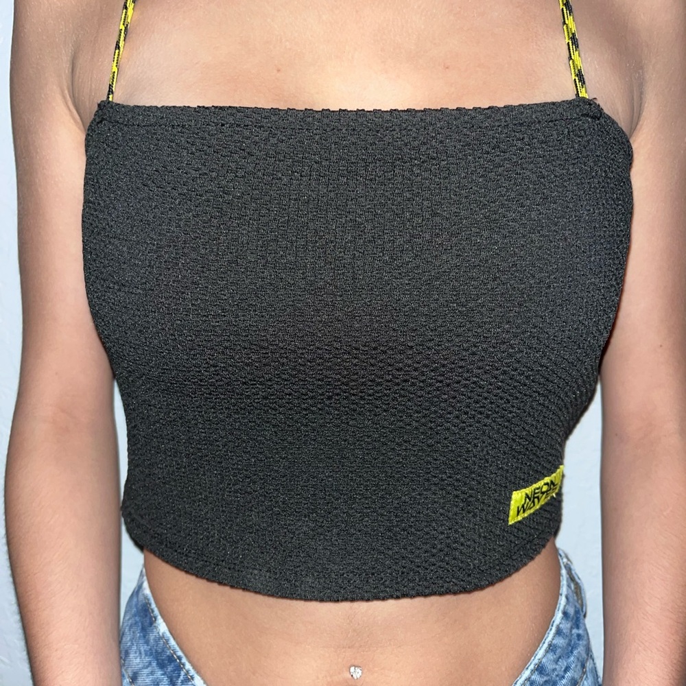 Forever 21 Black Textured Tank Top with Yellow Patterned Straps